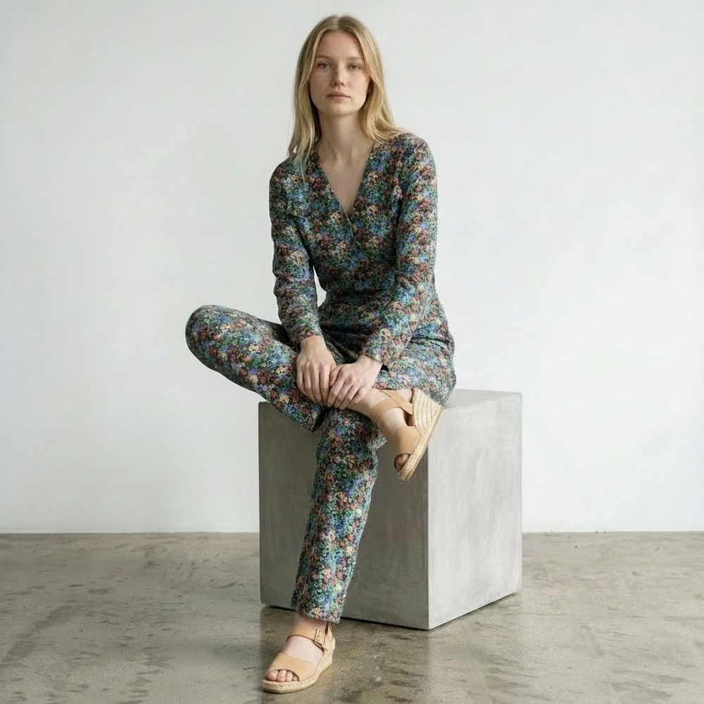 Sezane Ray Jumpsuit California Print Womens 42‎ US 10 V-Neck Long Sleeve EUC